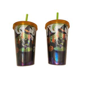 Lot Of 2 Witch Halloween Tumbler Cups With Straw Kitchenware